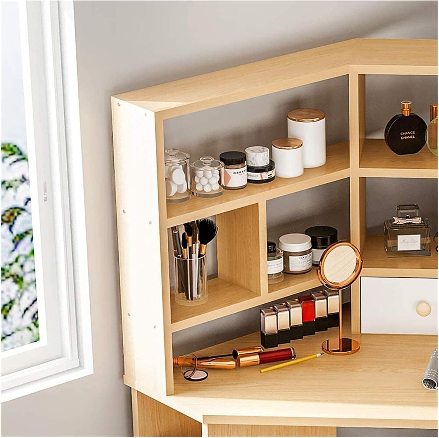 Luxury Dressing Vanity Table w/Stool for Bedroom, Corner Vanity Table, Solid Wood Dressing Table, Large Storage Organizer and Open Compartment, with Shelf Holder(A), XRKJBZ32024320