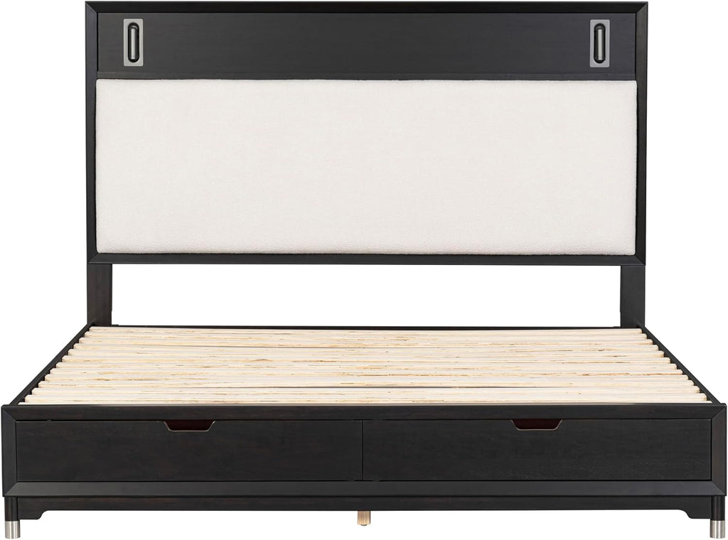 Furniture of America Forma Modern Solid Wood 2-Piece Bedroom Set with Storage Bed with LED Reading Lights, Ball-Bearing Glide, USB Charging Ports on Nightstands, No Box Spring Needed, King, Black