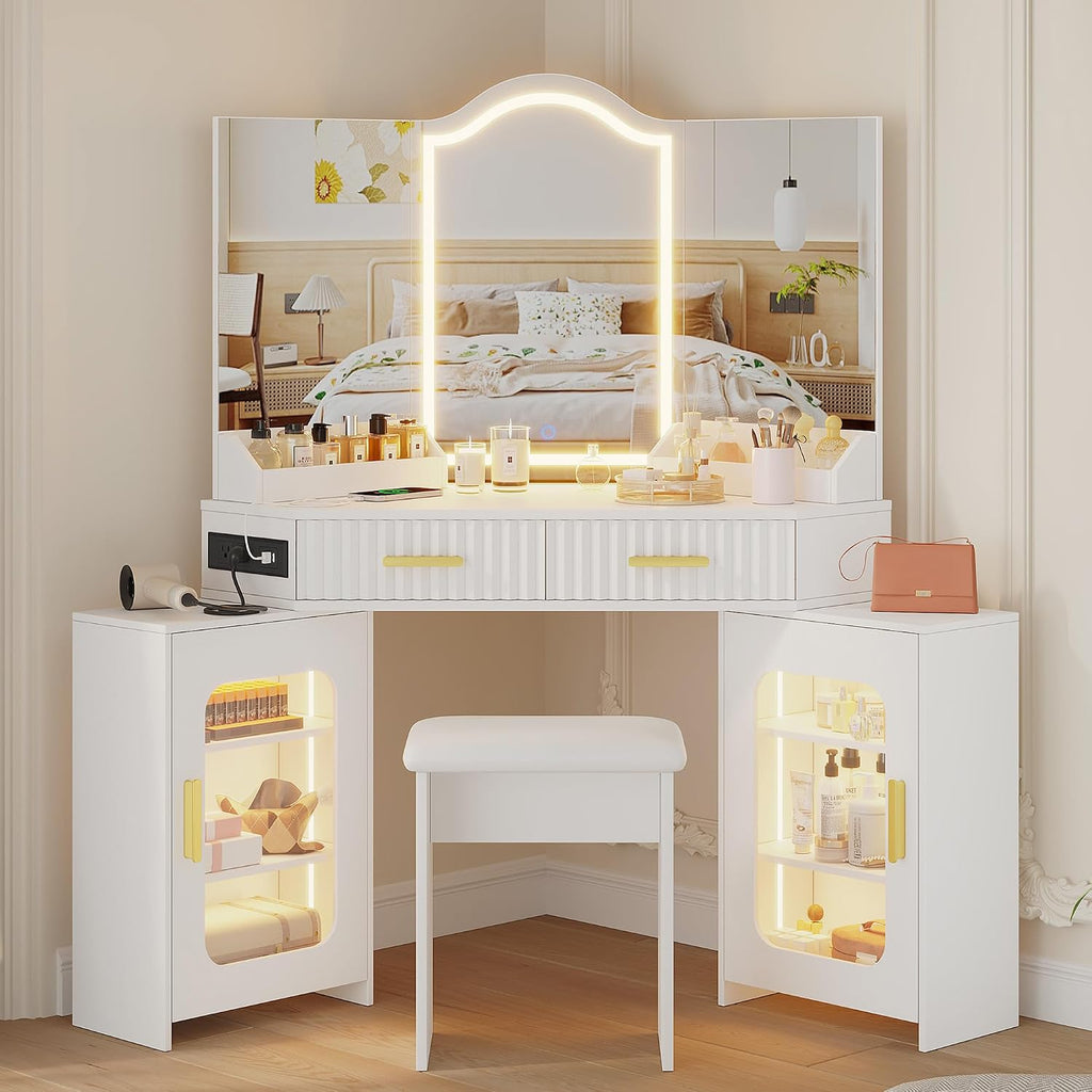 Corner Vanity Desk with 3 Way Mirror and Lights, 54' Modern Makeup Table Set with 2 Drawers & 2 Storage Cabinets, Charging Station, Stool, Large Bedroom Hexagonal Dressing Table (Matte White)