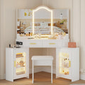 Corner Vanity Desk with 3 Way Mirror and Lights, 54' Modern Makeup Table Set with 2 Drawers & 2 Storage Cabinets, Charging Station, Stool, Large Bedroom Hexagonal Dressing Table (Matte White)