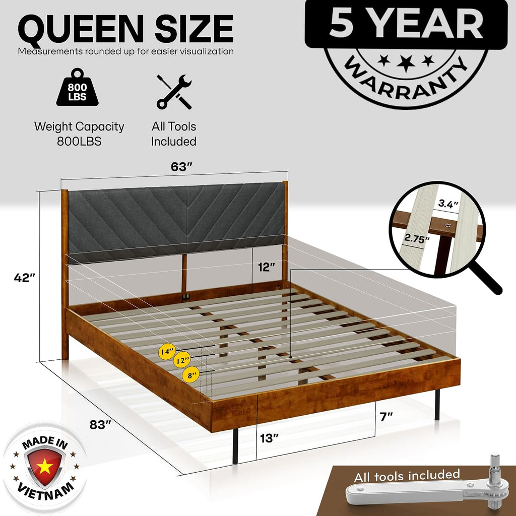 Acacia Bedroom Set - 3 Pieces Astoria Modern Platform Bed Frame with Upholstered Headboard and 2 Sofia Nightstands Set, Solid Wood Finish, Queen Size Beds with Nightstand with Drawer, Caramel