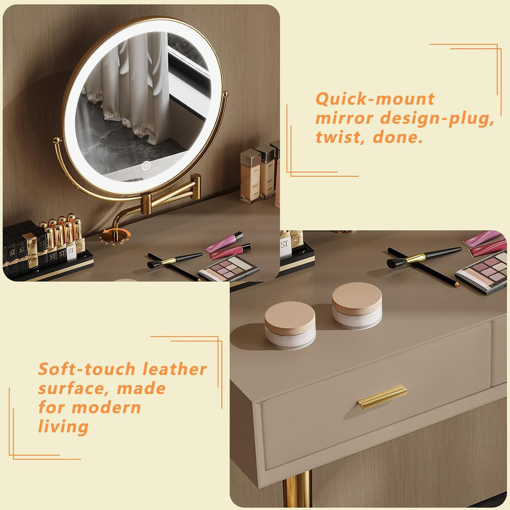 Vanity Desk with Adjustable Mirror and Lights, Makeup Desk with Drawers and Chair, Dressing Table Set with Leather Surface, Small Vanity Table for Bedroom, 3 Lighting Modes (Cappuccino)