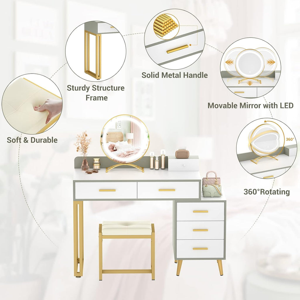 Armocity Vanity Desk with Mirror and Lights, Makeup Vanity Table Set with 6 Storage Drawers, Stool and Divided Organizers, Dressing Table with 3 Color Lighting Options for Women Girls, White and Cyan
