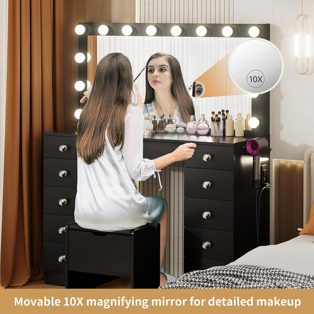VOWNER Vanity with Lighted Mirror - Makeup Vanity Desk with 11 Drawers and Outlet, 3 Color Lighting Modes Adjustable Brightness, 46' Vanity Table with Soft Cushioned Stool for Bedroom, Black