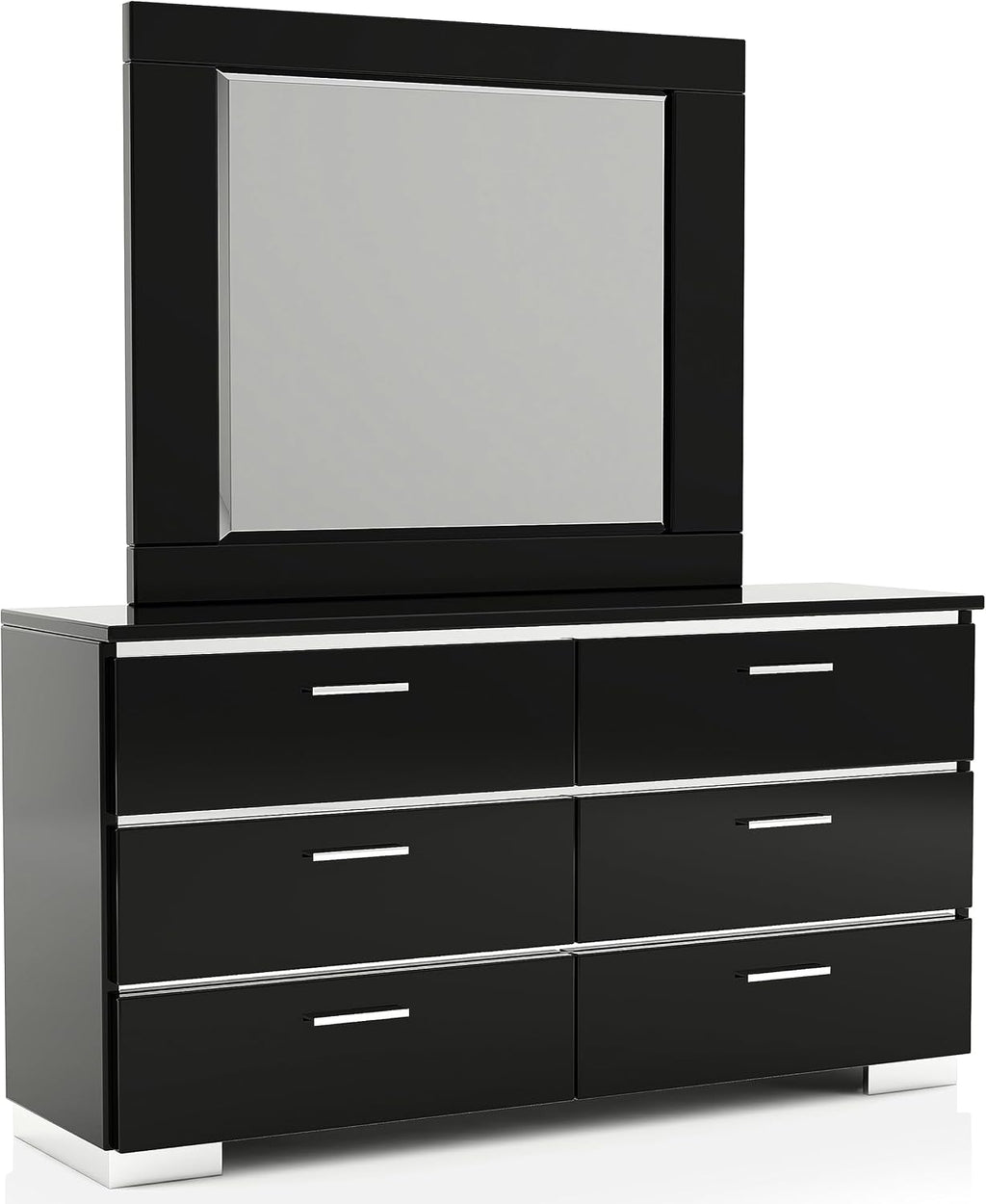 Furniture of America Alexandria Glam Wood 6-Piece Bedroom Set with Embedded LED Light, USB Charger, Felt-Lined Top Drawers, No Box Spring Required for Bedroom, Guest Room Bed, King, Black, Chrome