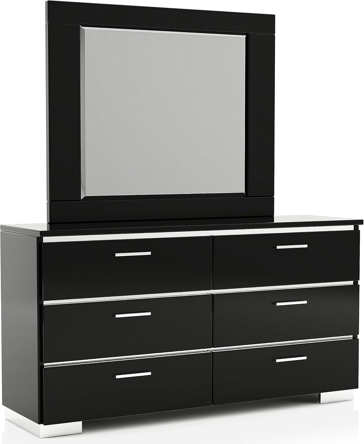 Furniture of America Alexandria Glam Wood 6-Piece Bedroom Set with Embedded LED Light, USB Charger, Felt-Lined Top Drawers, No Box Spring Required for Bedroom, Guest Room Bed, King, Black, Chrome