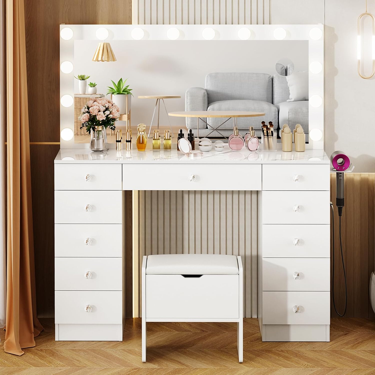 VOWNER Vanity with Lighted Mirror - Makeup Vanity Desk with 11 Drawers and Outlet, 3 Color Lighting Modes Adjustable Brightness, 46' Vanity Table with Soft Cushioned Stool for Bedroom, Marble