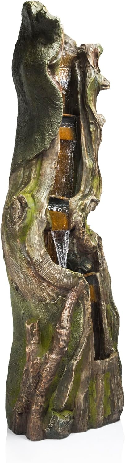 Alpine Corporation TVH156 79' Outdoor Floor Cascading Tree Trunk Water Fountain with LED Lights, Waterfall with Lights, Brown