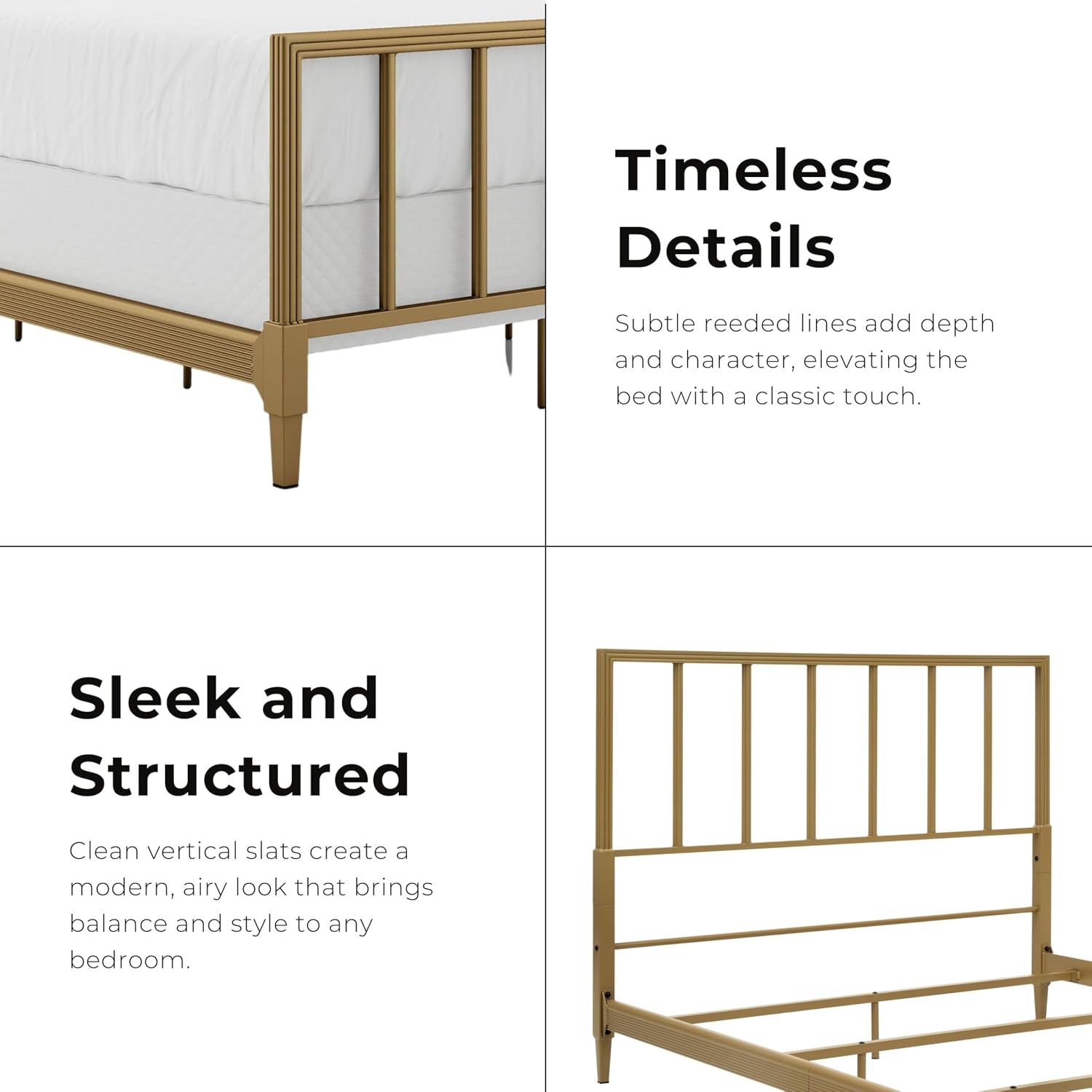 Furniture of America Blair Modern Metal Full Size Bed Frame with Subtle Reeded Lines, Sturdy Bedframe for Bedroom, Guest Room, Box Spring Required, Gold