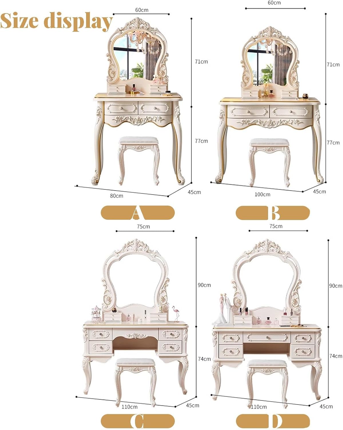 Dressing Table,Vanity Desk with Drawers and Cushioned Stool,Makeup Vanity Table Set with Mirror and Light,European Retro(D)
