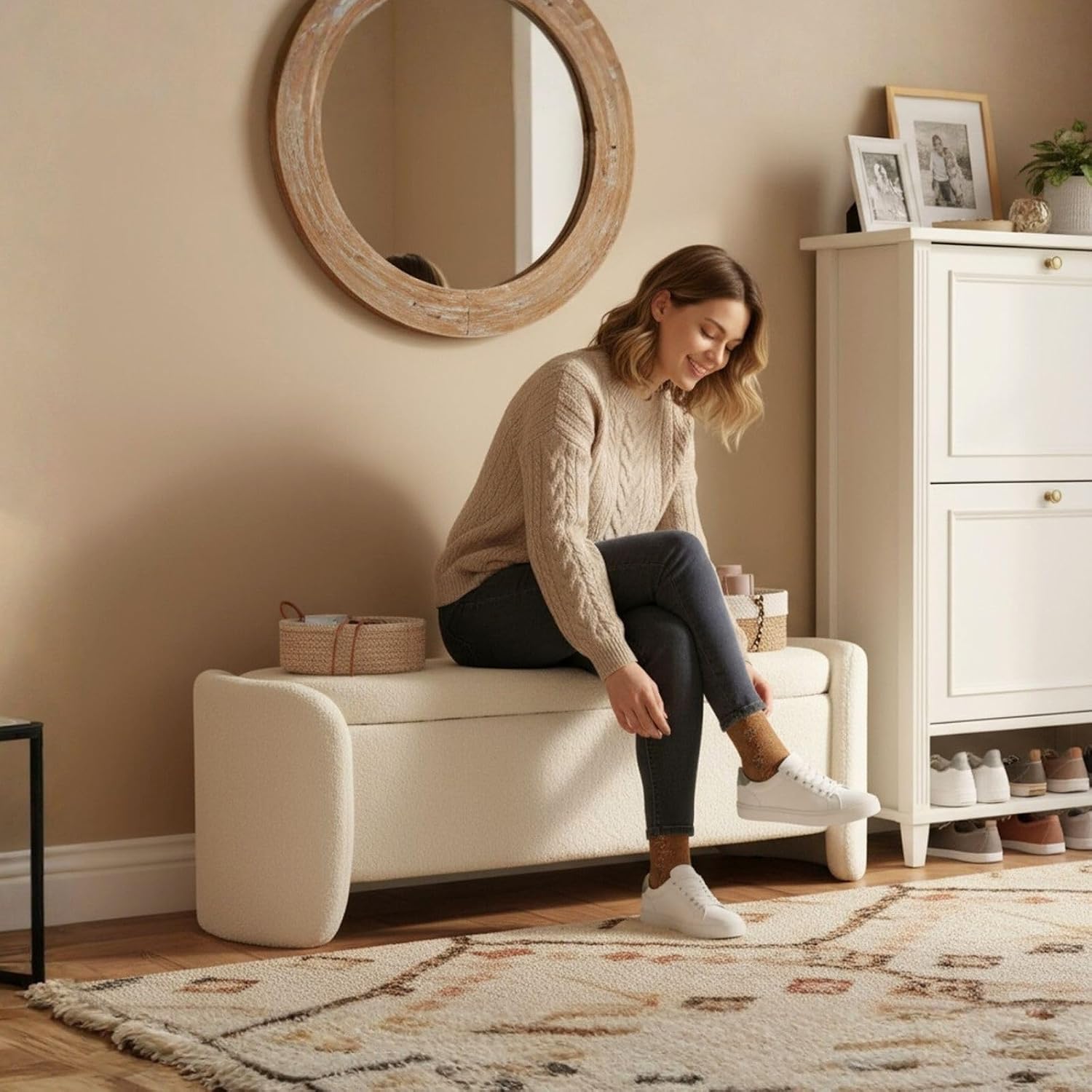 ROCTY White Boucle Storage Bench - 50' Sherpa Ottoman Bench for Bedroom, Entryway, Living Room & Vanity - Teddy Fabric with Storage & Seating