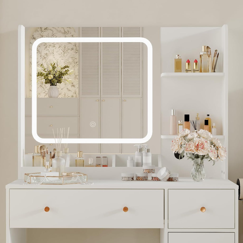 HaHarmoHaby Vanity Desk with Lighted Mirror, Makeup Vanity Table with 4 Drawers, Shelves,3 Color Modes & Adjustable Brightness, Dressing Table Set with Stool for Bedroom
