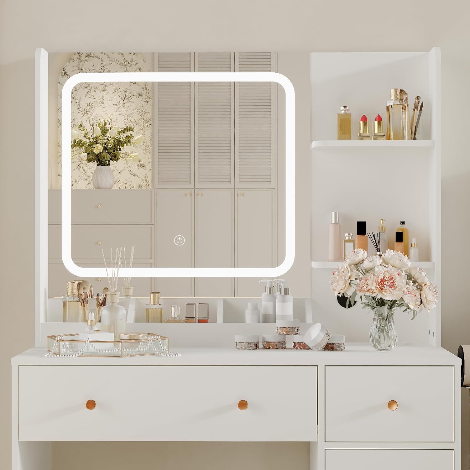 HaHarmoHaby Vanity Desk with Lighted Mirror, Makeup Vanity Table with 4 Drawers, Shelves,3 Color Modes & Adjustable Brightness, Dressing Table Set with Stool for Bedroom