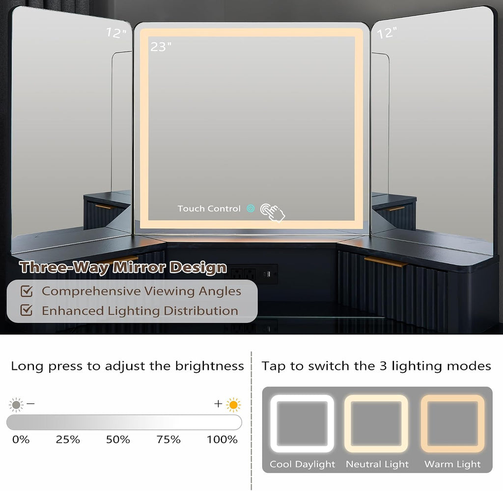 T4TREAM Fluted Makeup Vanity Desk with 3 Way Mirror and Lights, 48' Large Corner Vanity Table with Glass Top, Charging Station, 3 Drawers, Storage Cabinets & Shelves, for Bedroom, Dark Grey