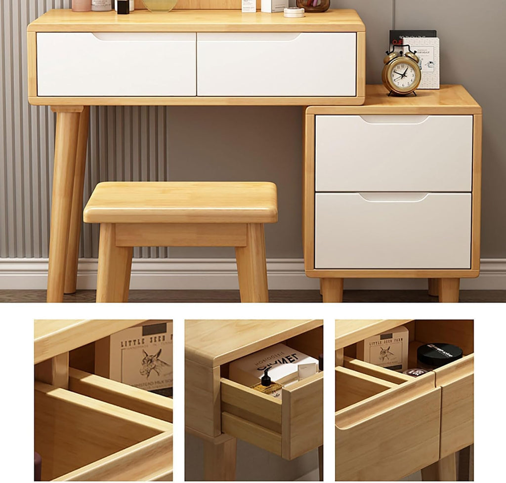 Rieort Vanity Desk MDF Vanity Benches with Adjustable Lights Mirror Makeup Table 4 Drawers Vanity Table Set Luxury Dressing Table