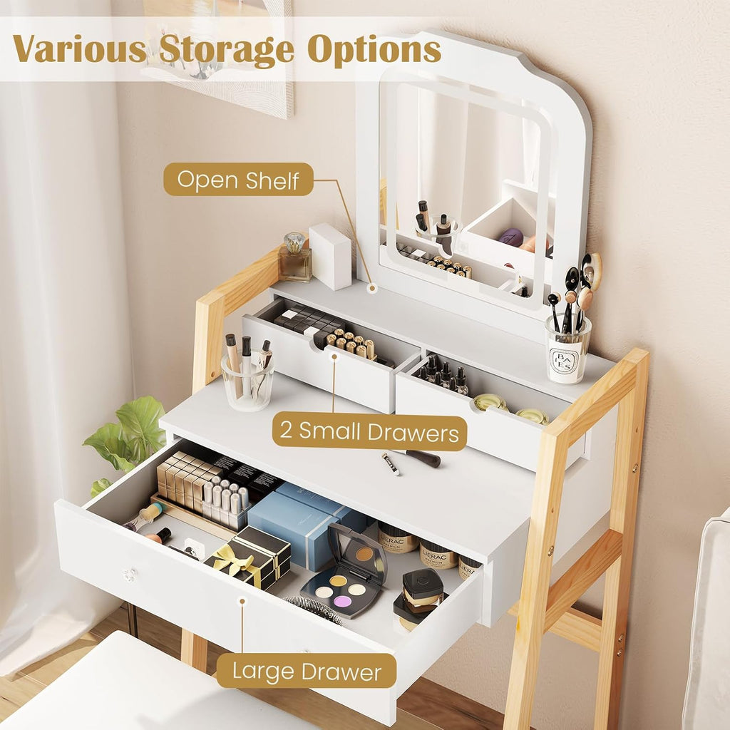 CHARMAID Small Vanity Desk with Mirror and Lights, White Makeup Vanity Desk with 3 Drawers, Adjustable Heights, 3 Color Lighting Modes, Compact Bedroom Dressing Table with Stool for Small Space