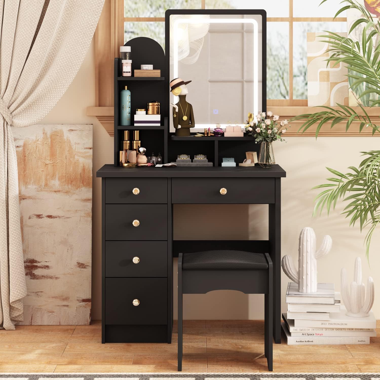 ECACAD Vanity Desk, Vanity Table Set with LED Lighted Mirror, Makeup Vanity Dressing Table with 5 Drawers, Storage Shelves and Cushioned Stool, Black