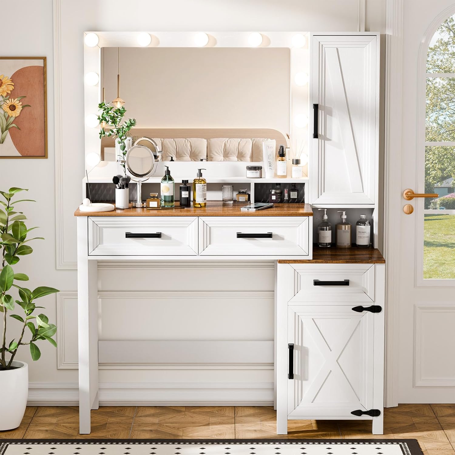 Topcomfy Farmhouse Vanity Desk with 3 Adjustable Light Colors & Power Outlet, White Makeup Vanity Table with Sliding Jewelry Cabinet, Built-in Lipstick Organizer, 3 Drawers & Shelves for the Bedroom