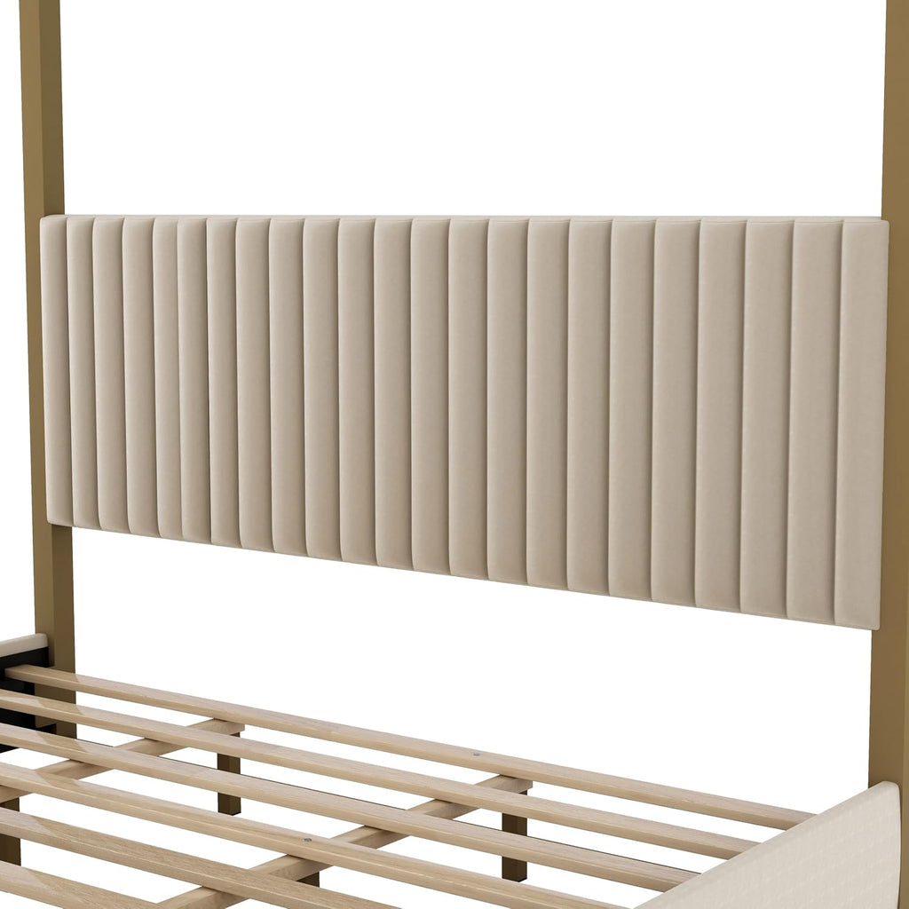 Modern 4-Poster Canopy Platform Bed King Size with Channel Upholstery Tufted Headboard, Gold Metal Canopied Design Platform Bed Frame with Strong Slats Support (Beige-1.20)