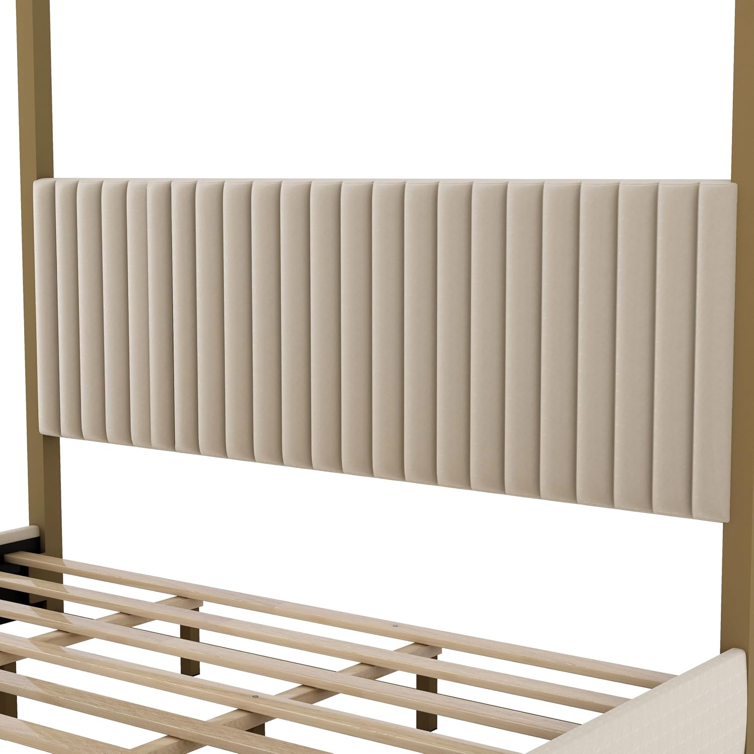 Modern 4-Poster Canopy Platform Bed King Size with Channel Upholstery Tufted Headboard, Gold Metal Canopied Design Platform Bed Frame with Strong Slats Support (Beige-1.20)