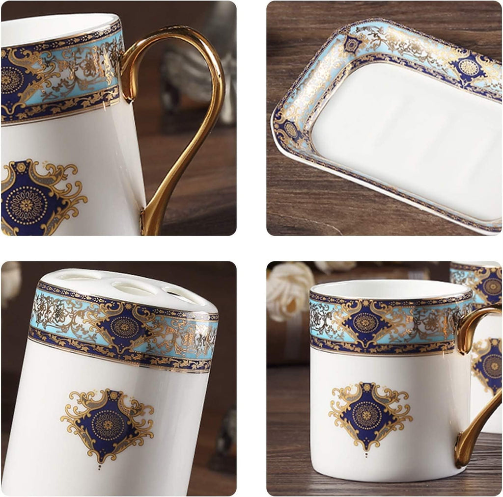 Vanity Bathroom Decor, Retro Design Ceramic Bathroom Accessory Set Bohemian Blue Bath Accessories Bath Set European Style Set Housewarming Gift(5-Piece Set)