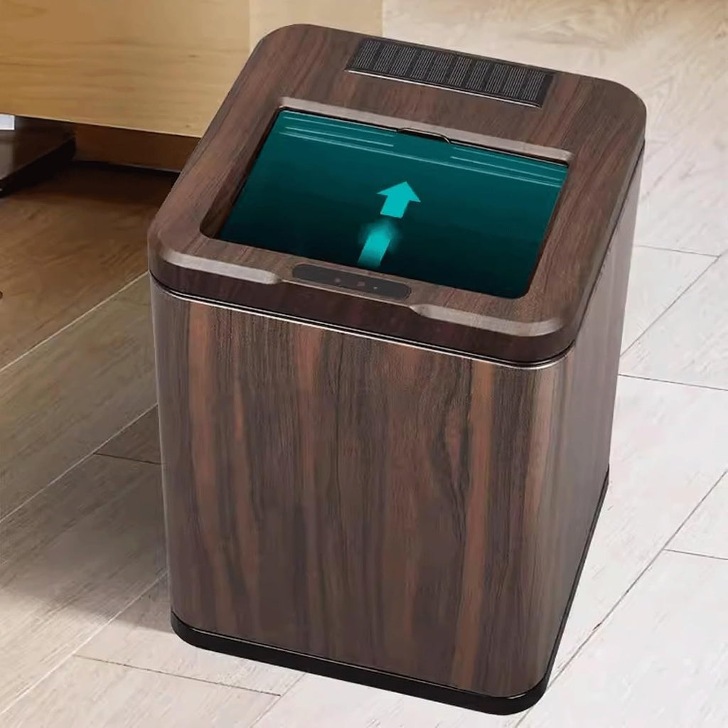 Rechargeable Smart Sensor Trash Can Electric Wood Grain with Lid 12L Capacity Ebony Finish Ideal for Home Kitchen and Bathroom