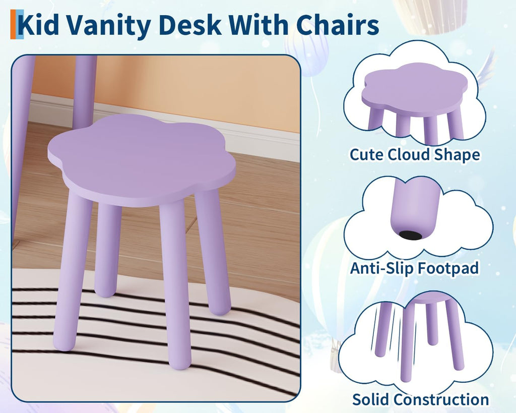 Garvee Kids Vanity Set with Lights,Bear-Shaped Make Up Vanity Desk with Mirror&Stool,Wooden Princess Toddler Make Up Table Set for Bedroom,Pretend Play Vanity Sets for Little Girls(Purple)