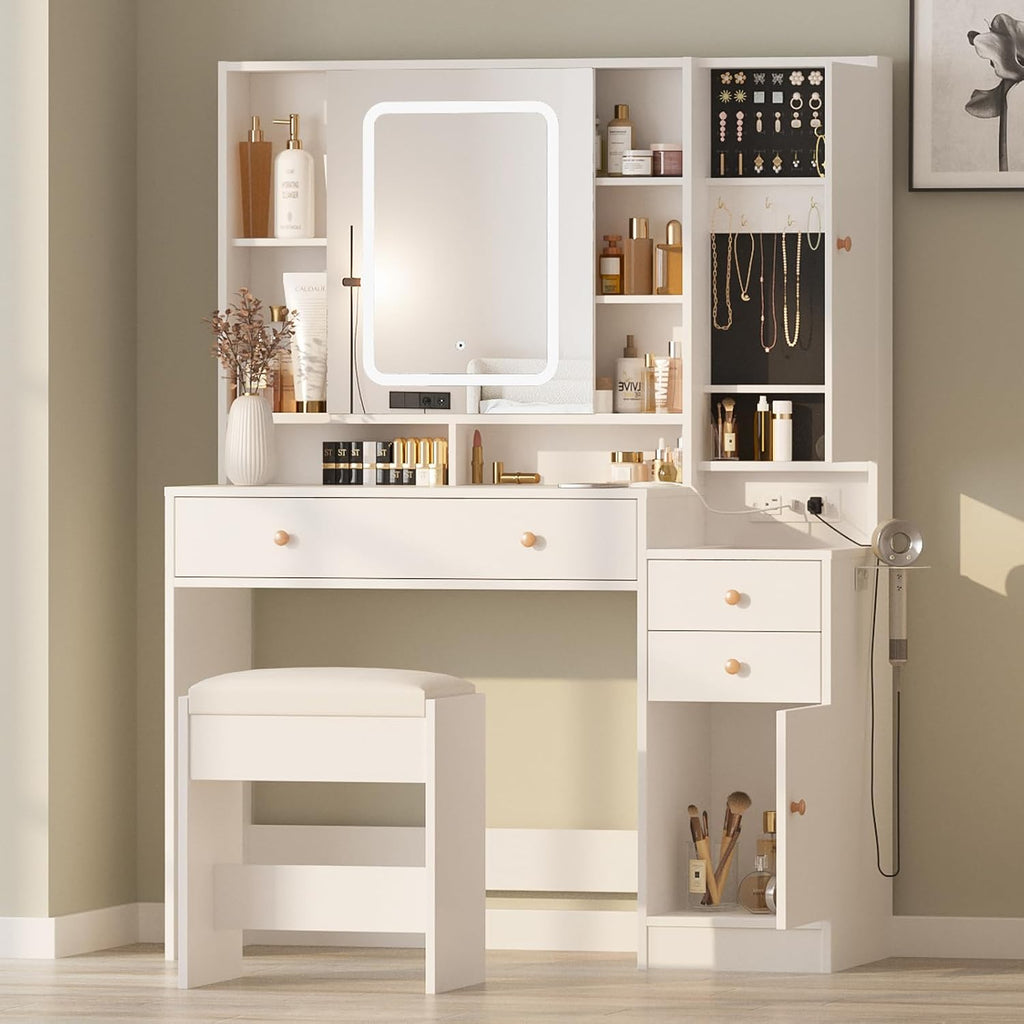 Halitaa Vanity Desk with Mirror and Lights, Glass Top Vanity Table Makeup Vanity with Lights and Charging Station & Sliding Door, Glass Top Vanity with 3 Drawers and Jewelry Cabinet, 42.8inch