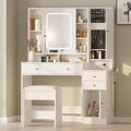 Halitaa Vanity Desk with Mirror and Lights, Glass Top Vanity Table Makeup Vanity with Lights and Charging Station & Sliding Door, Glass Top Vanity with 3 Drawers and Jewelry Cabinet, 42.8inch