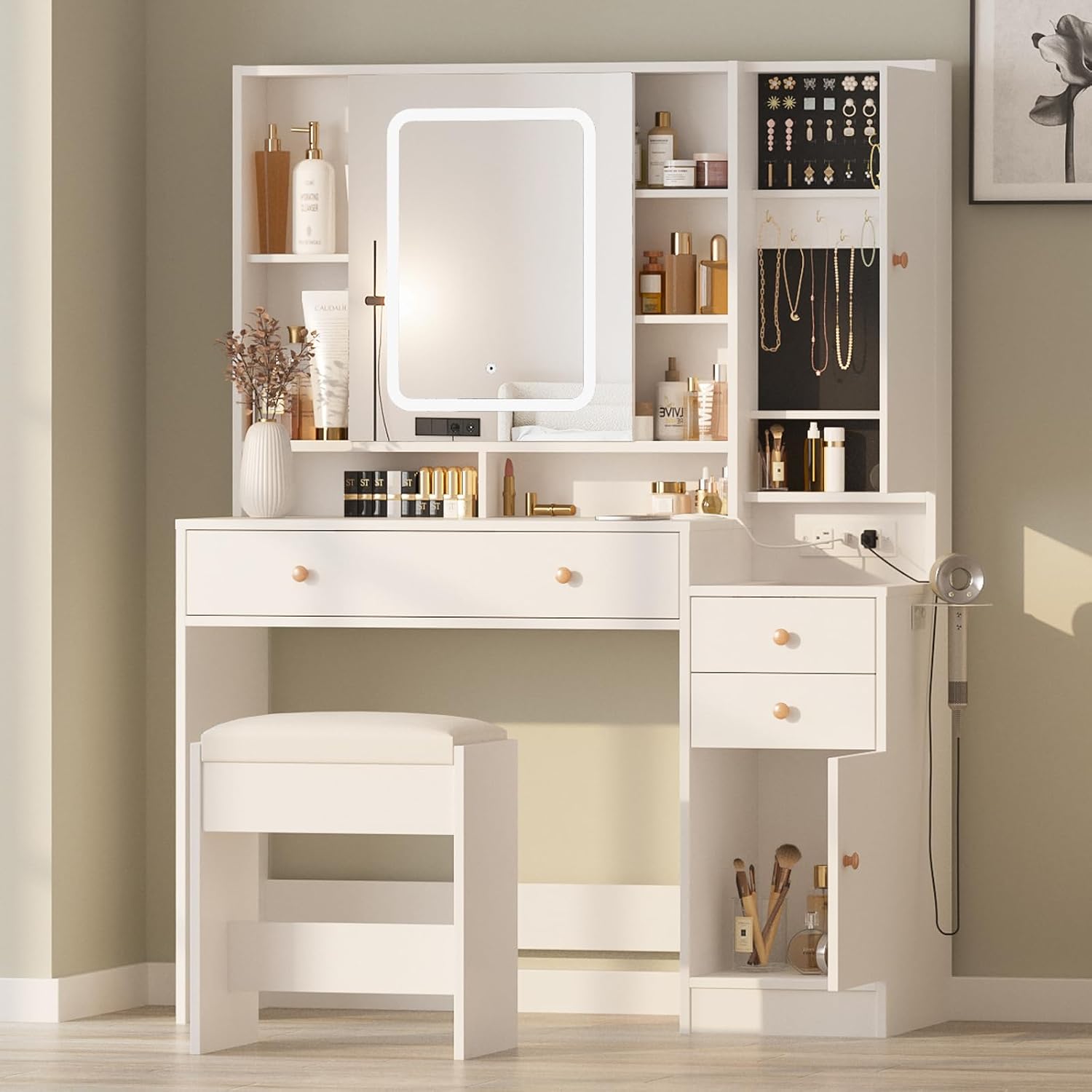 Halitaa Vanity Desk with Mirror and Lights, Glass Top Vanity Table Makeup Vanity with Lights and Charging Station & Sliding Door, Glass Top Vanity with 3 Drawers and Jewelry Cabinet, 42.8inch