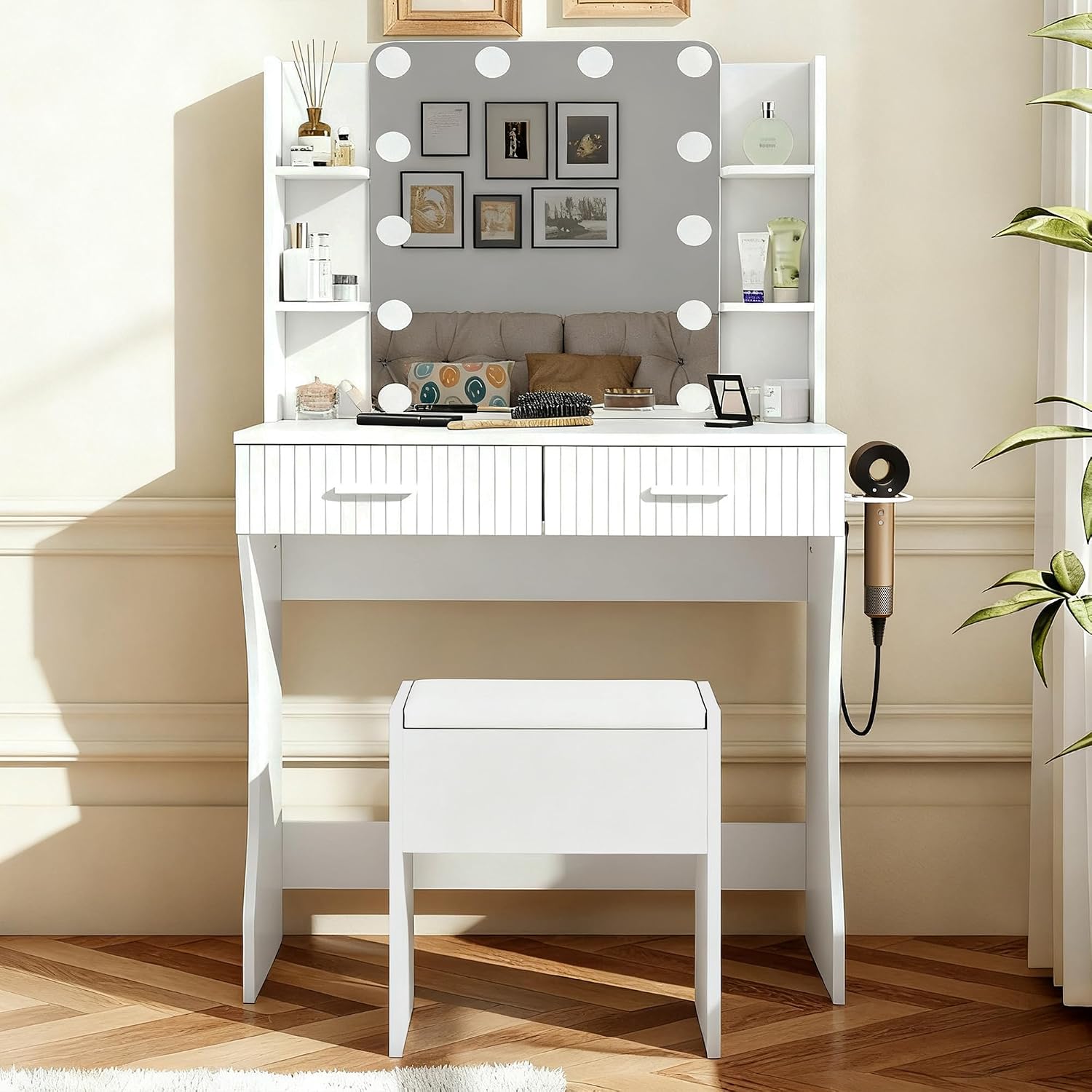 Small Vanity Desk with Mirror and Lights, Makeup Vanity Desk with 3 Color Modes Adjustable Bulb, 2 Large Drawers and 4 Open Storage Shelves, White Vanity with Charging Station for Bedroom