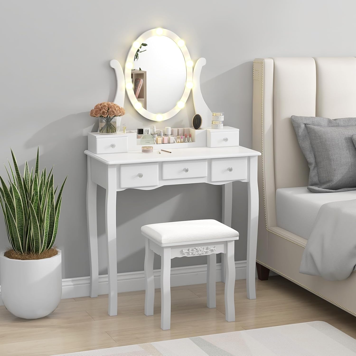 CHARMAID Makeup Vanity Table with Lighted Mirror, Vanity Desk with 10 LED Lights, Adjustable Brightness, 5 Drawers and Removable Storage Organizer, Bedroom Dressing Table with Stool (White)