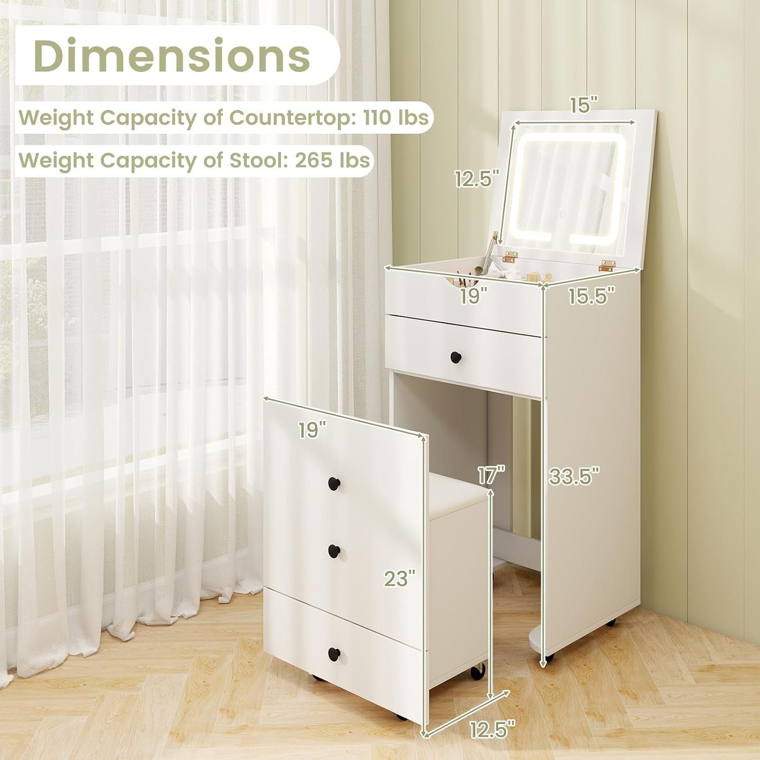 CHARMAID Small Vanity Desk Set, Makeup Vanity Table with Flip-up Lighted Mirror, Storage Bench, 2 Drawers, 8 Wheels, White Girls Dressing Table Nightstand for Small Space Bedroom