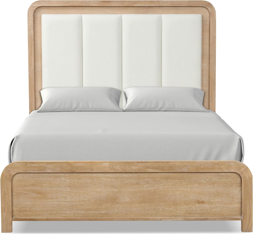 Furniture of America Verena Boho Solid Wood 4-Piece Bedroom Set with Padded Headboard Bed, Metal Side Glide, Finger Pulls on Nightstand and Dresser with Mirror, Box Spring Needed, Queen, Natural