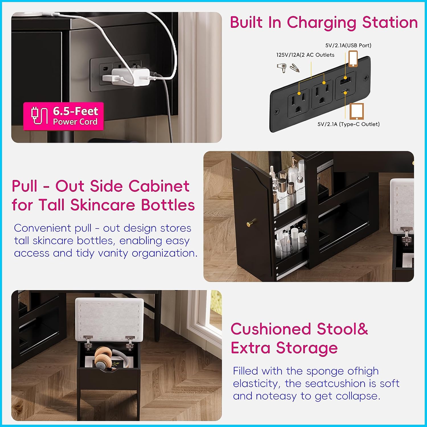 Glass Tabletop Vanity Desk with Removable Pull-Out Side Cabinet Triangle Makeup Table with Storage Chair Corner Dresser with Drawer and 2 Spacious Shelves for Bedroom, Black