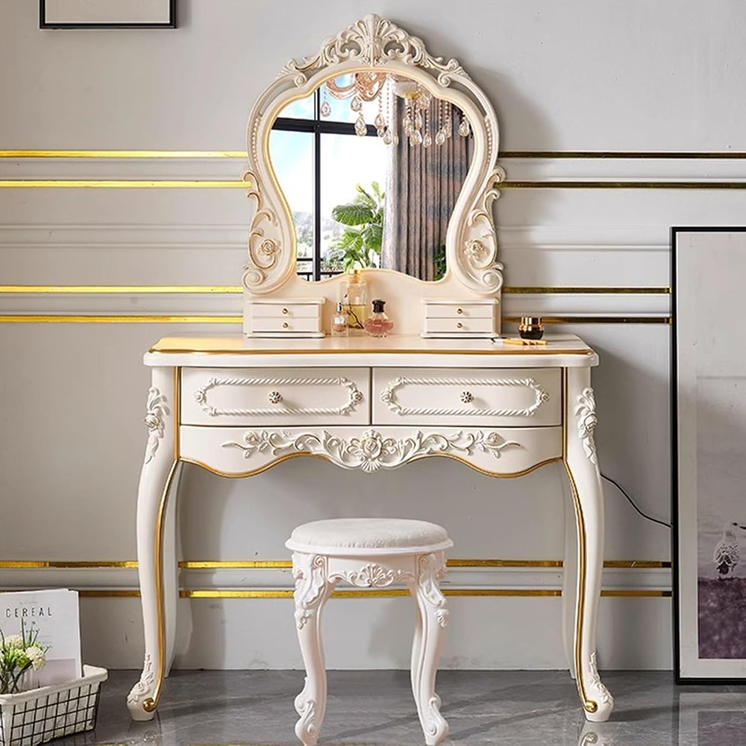 Dressing Table,Vanity Desk with Drawers and Cushioned Stool,Makeup Vanity Table Set with Mirror and Light,European Retro(B)