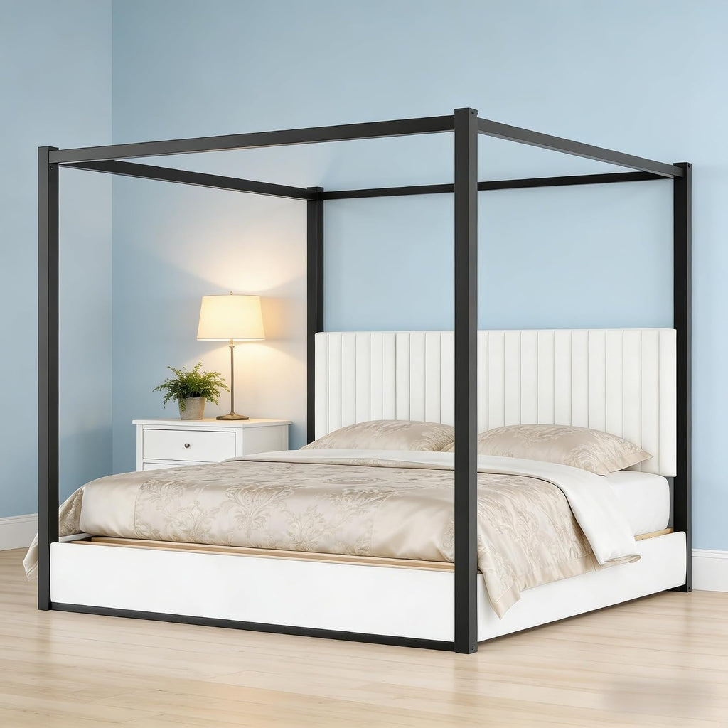 LUMISOL King Size Metal Canopy Bed Frame, 4 Poster Bed with Tall Upholstered Headboard, Velvet Upholstered Canopy Platform Bed, No Box Spring Needed, Black + White