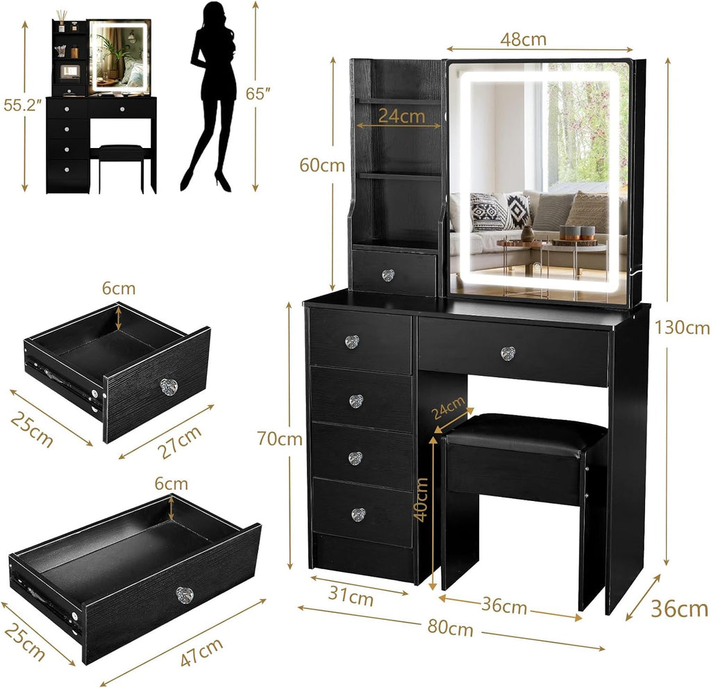 Black Vanity Desk with Sliding Mirror and Lights, Vanity Table with 6 Drawers and Cabinet, Small Vanity Set with Chair Stool, 3 Modes Adjustable LED Sliding Mirror, Vanity for Bedroom