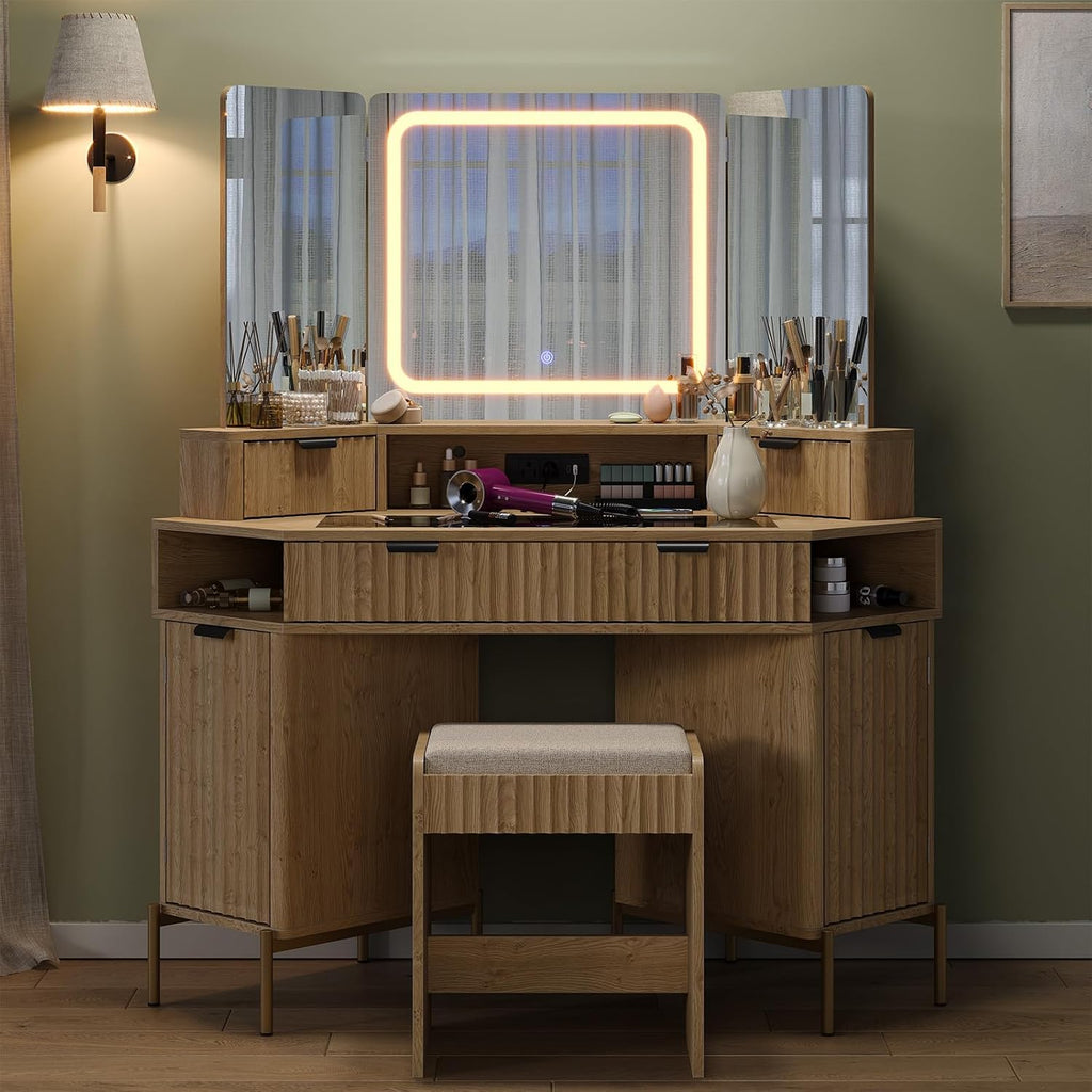 Modern 48'' Fluted Makeup Vanity Desk with HD Triple Mirror & LED Lights – Spacious Corner Dressing Table with Glass Top, 3 Drawers & 2 Cabinets for Stylish Bedroom Decor (Oak)
