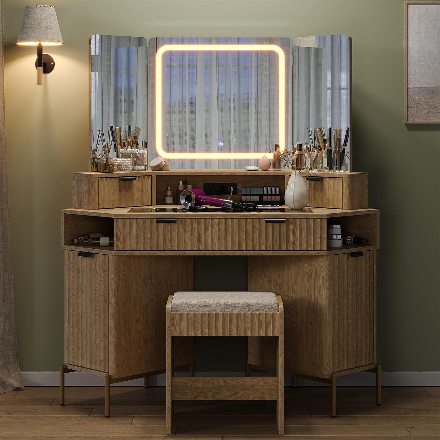 Modern 48'' Fluted Makeup Vanity Desk with HD Triple Mirror & LED Lights – Spacious Corner Dressing Table with Glass Top, 3 Drawers & 2 Cabinets for Stylish Bedroom Decor (Oak)