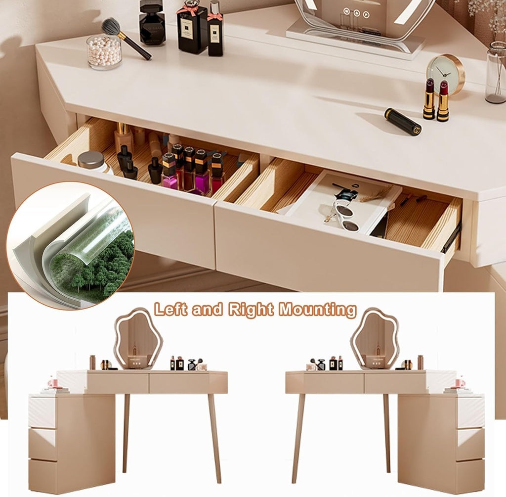 UPGENT Corner Vanity Set with Lighted Mirror, Corner Dressing Table with Stool, Makeup Dressing Table with Drawers, Cabinet and Cushioned Stool for Bedroom Dressing Room