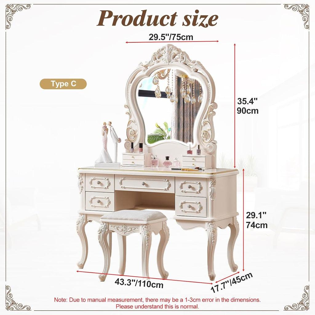 Mid Century Vanity Table with Mirror and Stool, Makeup Vanity Desk with Lights and Drawers for Jewelry & Cosmetics, Vintage European Vanities & Vanity Benches for Bedroom,Widths: 43.3'