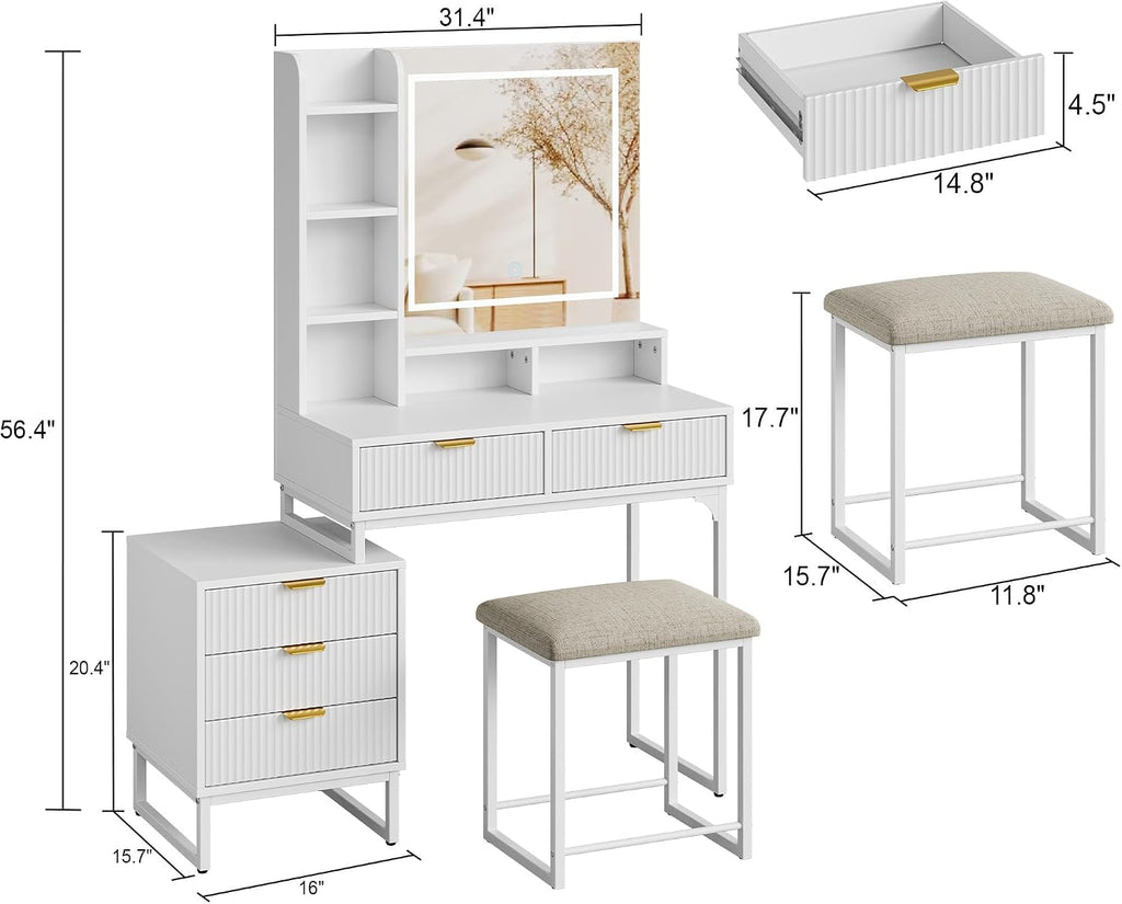 Makeup Vanity Desk with Mirror and Lights, Vanity Table Set with 3 Adjustable Lighting Colors, Dressing Table With 5 Large Drawers and Cushioned Stool, White Bedroom Vanity for Girls Women, White