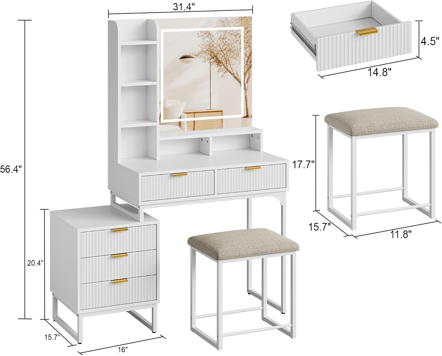Makeup Vanity Desk with Mirror and Lights, Vanity Table Set with 3 Adjustable Lighting Colors, Dressing Table With 5 Large Drawers and Cushioned Stool, White Bedroom Vanity for Girls Women, White