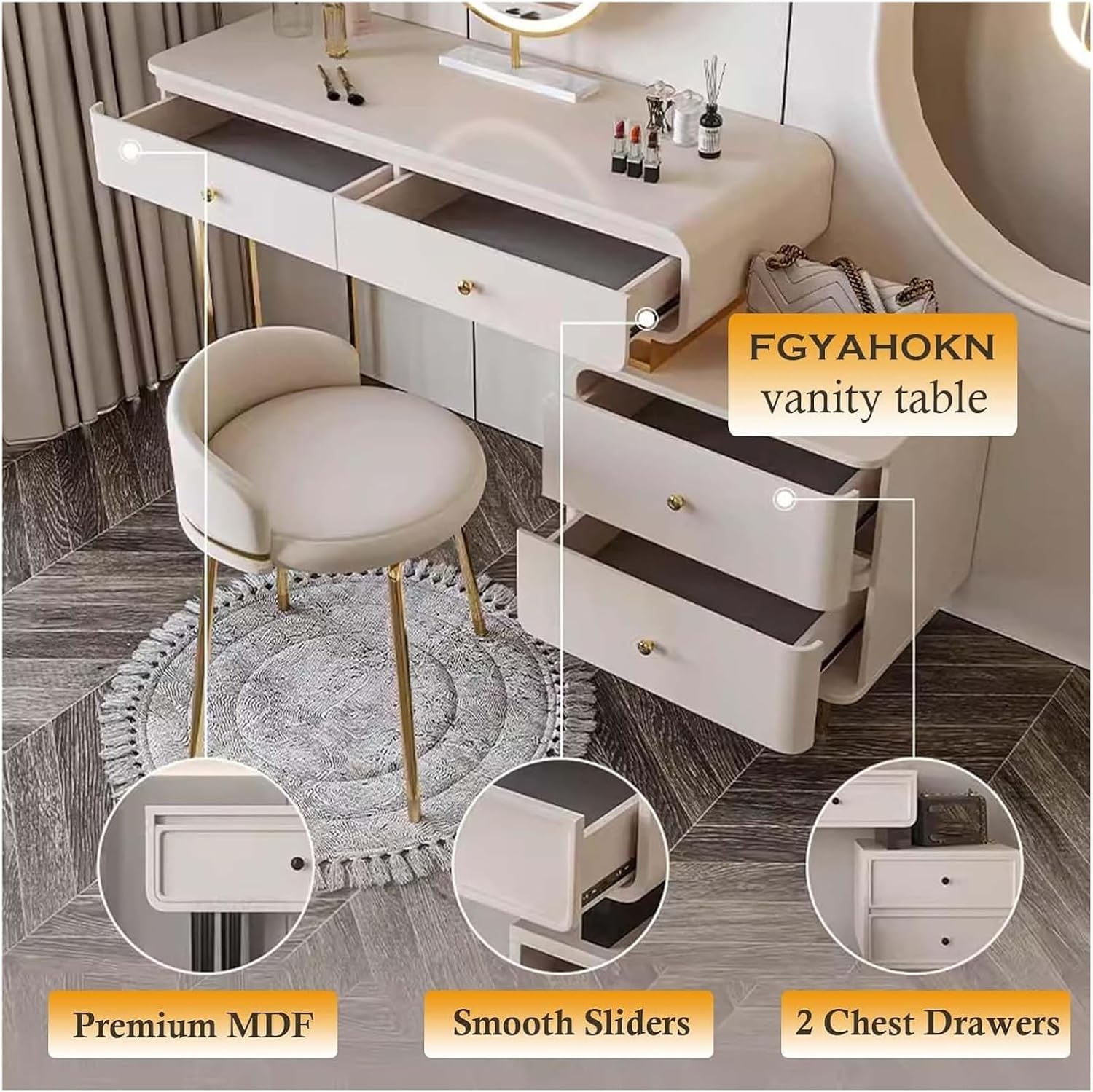 Vanity Desk, Vanity Table, Dressing Table, Vanity Desk with Drawers and Chair, Makeup Table with Lighted Mirror Corner(39x16x31 inch)