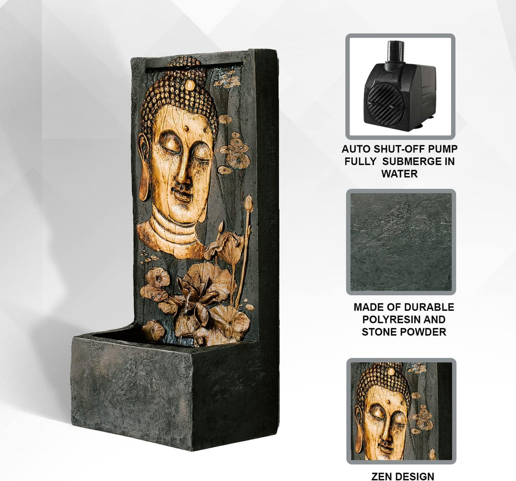 XBrand Polystone Indoor Outdoor Relaxing Zen Buddha Face Wall Water Fountain with Pump and Splash Guard, Wall-Mounted Fountains, Home Garden Patio Backyard Decor, Bronze and Natural Stone Finish