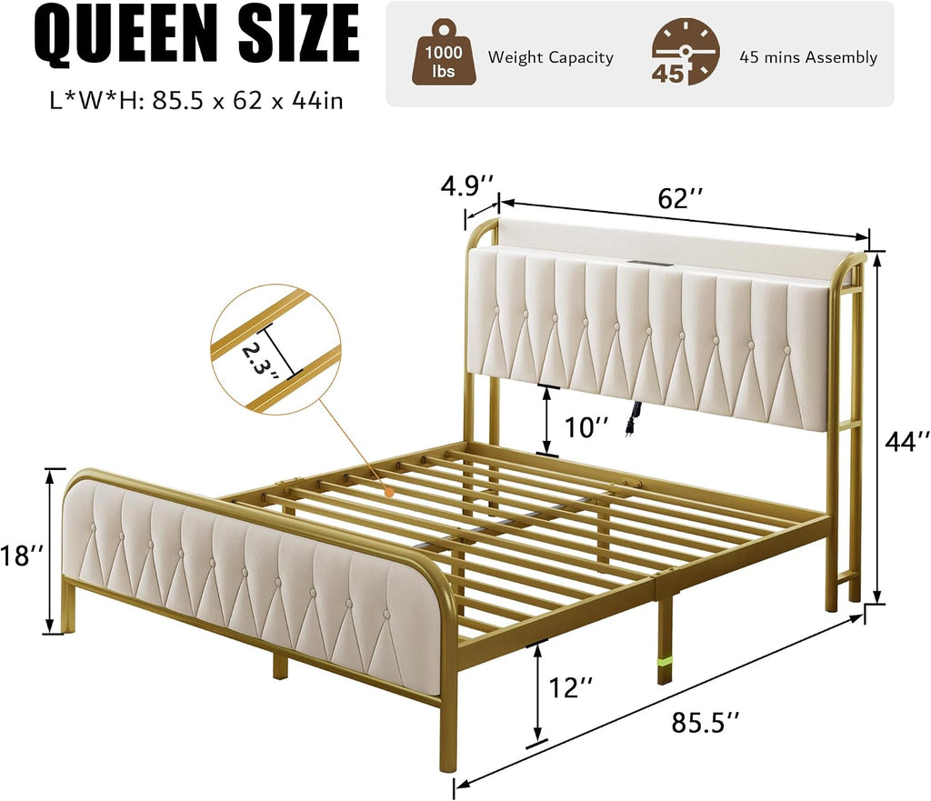 iPormis Metal Bed Frame Queen Size with Charging Station, Velvet Upholstered Headboard and Footboard, Heavy Duty Steel Support, 12' Under Bed Storage, No Box Spring Needed, Easy Assembly, Beige