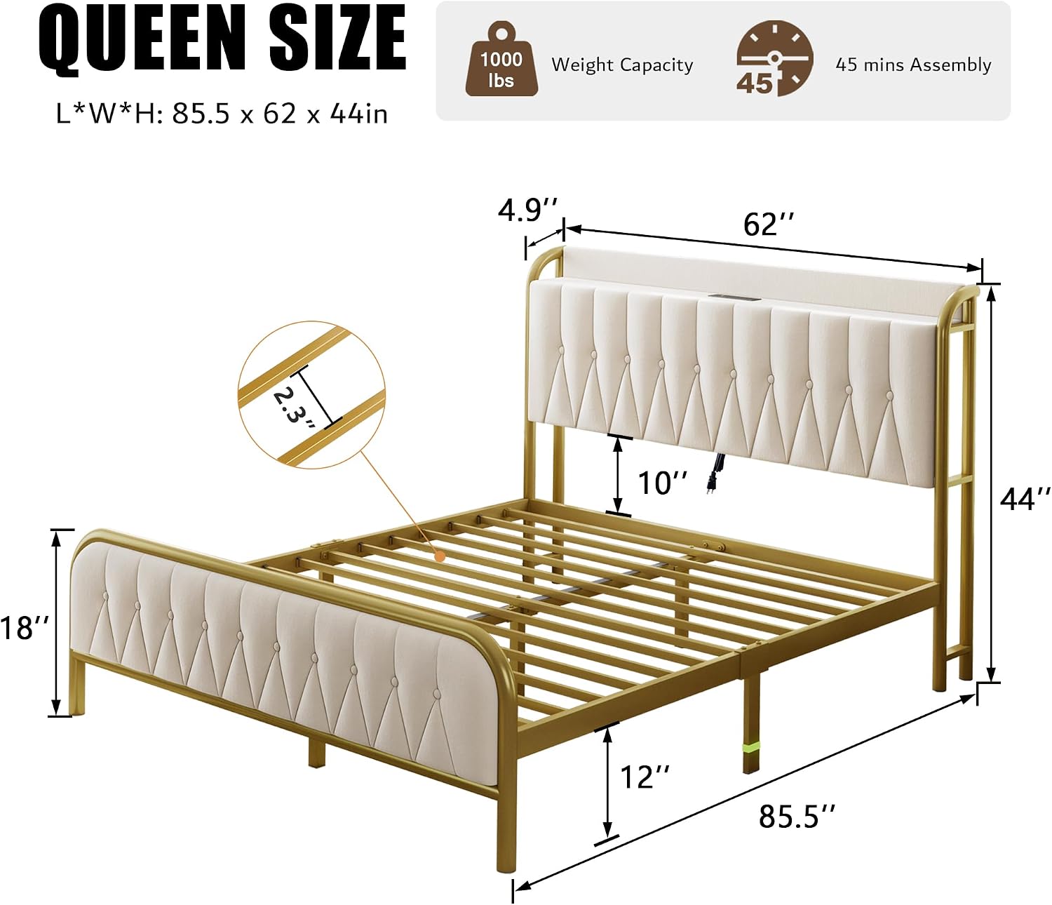 iPormis Metal Bed Frame Queen Size with Charging Station, Velvet Upholstered Headboard and Footboard, Heavy Duty Steel Support, 12' Under Bed Storage, No Box Spring Needed, Easy Assembly, Beige