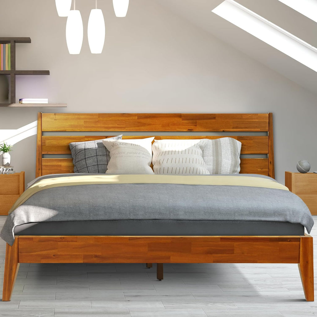 Acacia Emery Bed Frame with Headboard 100% Solid Wood Platform Bed, Mid Century Modern Wood Bed Compatible with All Mattresses, Non-Slip and Noise-Free, 30 Mins Assembly, King Size Bed Frame, Caramel