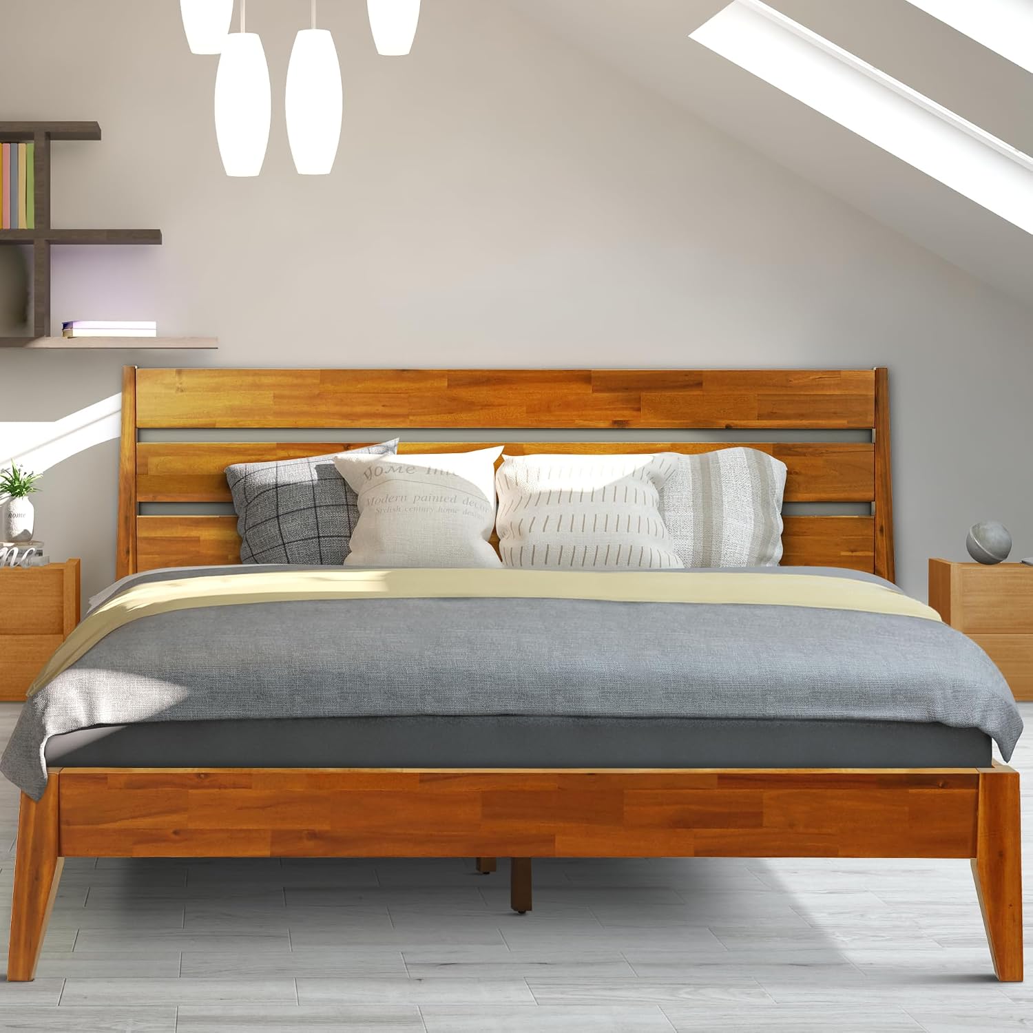 Acacia Emery Bed Frame with Headboard 100% Solid Wood Platform Bed, Mid Century Modern Wood Bed Compatible with All Mattresses, Non-Slip and Noise-Free, 30 Mins Assembly, King Size Bed Frame, Caramel